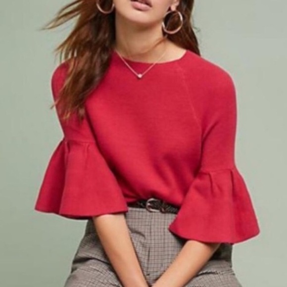 Moth By Anthropologie Women S Raspberry Knit Bell Sleeves Pullover Anais Sweater - Picture 1 of 12
